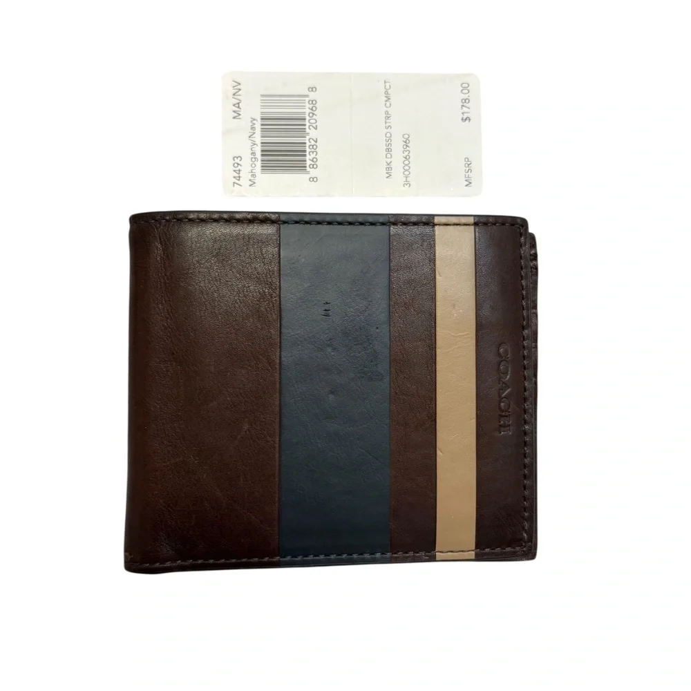 Coach 74493 mahogany brown navy blue striped men’s bifold leather wallet